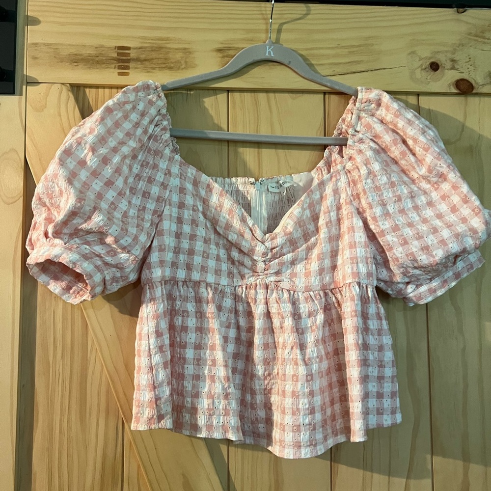 Endless Rose pink white gingham floral embroidered bubble sleeve blouse top - M